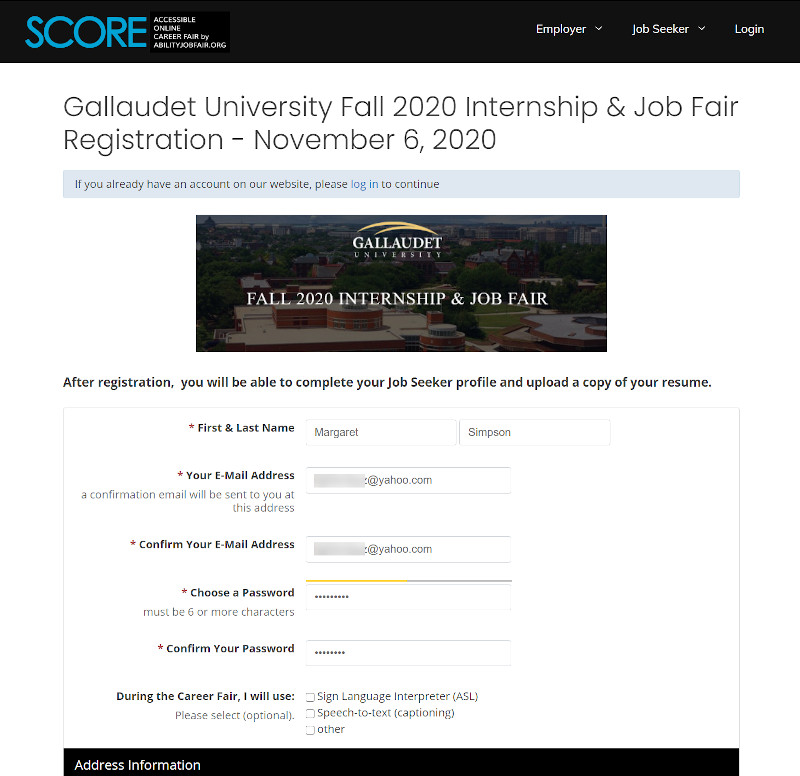 Registration Page for Gallaudet job fair event